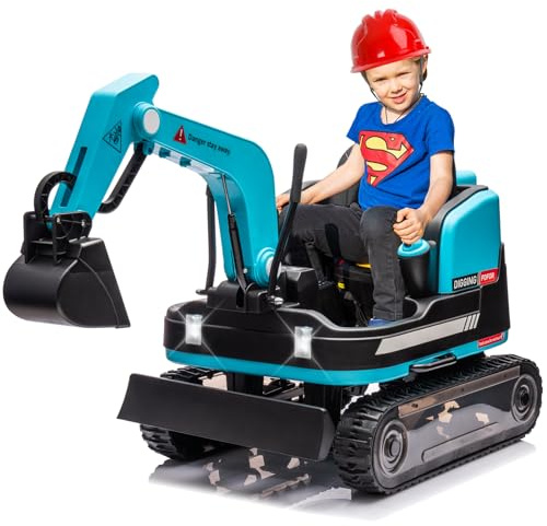 JOYLDIAS 360 Degree Rotating Ride On Excavator and Bulldozer,12V12AH Battery Powered Ride On Toy Backhoe W/Track Design Wheels for All Terrain,Remote Control,MP3,Toolbox for Kids,Parent,Blue