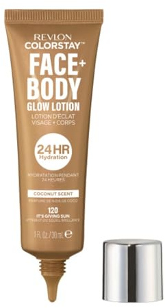 Revlon ColorStay Face & Body Glow Lotion, Lotion teintée visage et corps hydratante, Éclat naturel lumineux, Fini non gras 24H hydratation, 120 It's Giving Sun, 30 ml