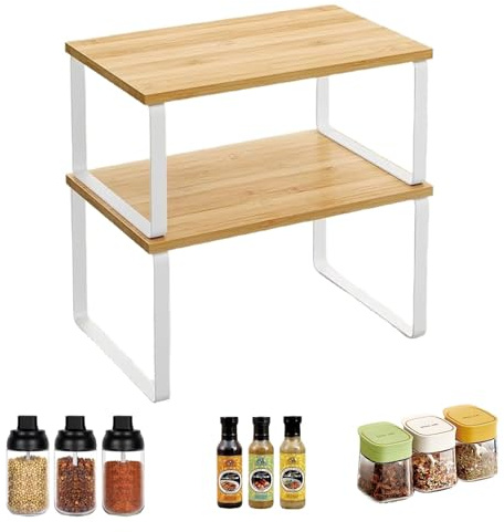 Eidoct Set of 2 Spice Rack, Kitchen Cupboard Organiser, Stackable and Expandable Kitchen Storage Shelves, for Storage Spice Bottle, White