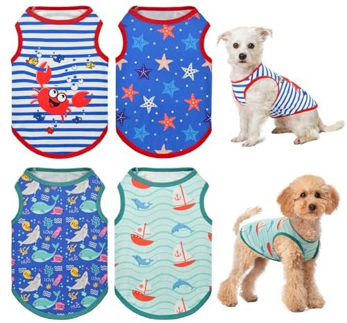 Vehomy 4-Pack Dog Shirt Soft Breathable Pet T-Shirt Hawaiian Style Sleeveless Spring Summer Shirts Pet Tank Tops Vests Clothes for Kitten Puppy Small Medium Dogs Sea Fish Designs XS