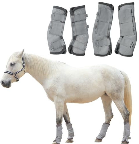 TARFEPA Adjustable Horse Fly Boots Set of 4, Equine Leg Protection Reduce Stomping, Breathable Mesh Fly Boots for Horses, Horse Leggings Leg Guards - Grey - Cob