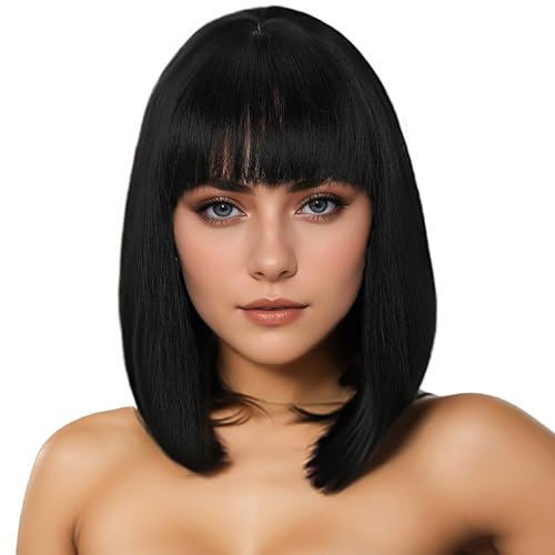 HTTDSLF Corto Lisci Flat Frange Bob Parrucche, 14 Pollic Dritto Capelli Breve Charming Bob con Bangs per Donna Natura Resistente al calore Fibra sintetica Partito/Cosplay/Costume/Quotidiano (Nero)