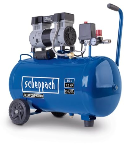 Scheppach Super Silent Doppelzylinder Kompressor HC52Si | Arbeitsdruck 8 bar | Kesselvolumen 50 L | Leistung 1100 W, 230 V~ / 50 Hz | Ansaugleistung 230 L/min | Ölfrei