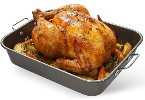 Bandeja para el Horno, Rustidera de Horno Universal, Bandeja de Horno Universal, bandeja para Asar, Antiadherente y libre de PFOA, Apto para temperatura máxima 260 ºC, Asas abatibles, 34 x 26 x 6 cm