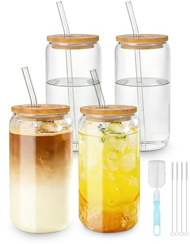 PaxCulina Set di 4 bicchieri da 500 ml con coperchio e cannuccia, bicchieri per acqua e matcha, bicchieri con coperchio, bicchieri long drink - bicchieri da caffè freddo - caffè freddo - bicchieri per