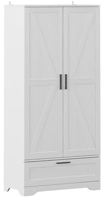 Tall Kitchen Pantry Cabinet with Adjustable Shelves & Large Drawer - Freestanding Wooden Storage Cupboard for Food, Dishes & Dining Room or Utility Room Organization (White)