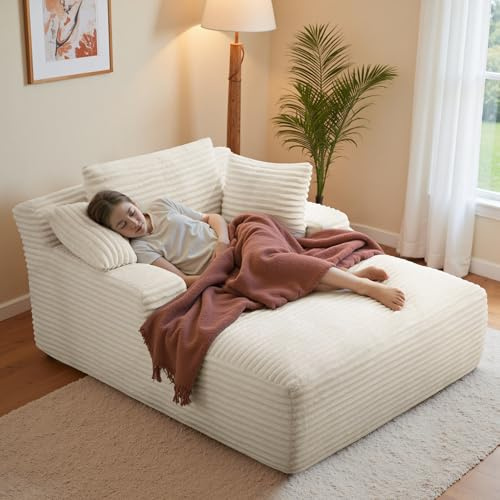 Aivermeil Boneless Sofa Cloud Sofa with Sleep Function 172cm Beige-Cream | Corduroy Fabric, Chaise Lounge, 3 Cushions, Floor Sofa, Living Room Sofa, Soft Fabric, No Assembly, 172x130x71 cm