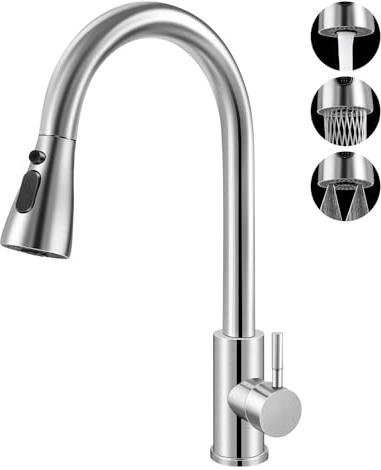 Nexvoxa Robinet de Cuisine Haute Pression avec Douchette Extractible | Robinet Mitigeur Extensible, 3 Fonctions de Pulvérisation, Pivotant à 360°, en Acier Inoxydable