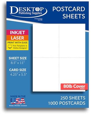 Heavyweight Blank Perforated Postcards for Printing - 250 Sheets/1000 Printable 4up Postcards, White 80lb(218gsm) 4.25 x 5.5 Cardstock Postcard Paper 4 per sheet for Mailing Marketing Invitations