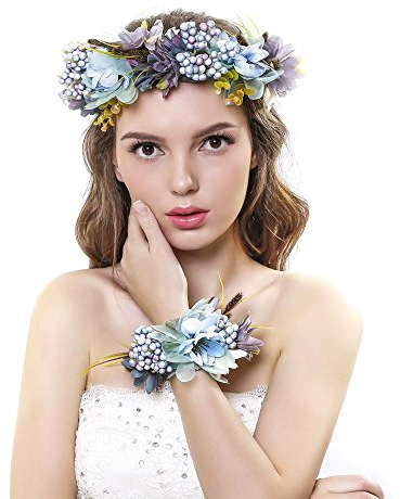 Ever Fairy Damen blumenkranz krone floral hochzeit girlande stirnband-handgelenk-band-set Blau One Size