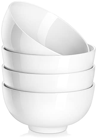 MALACASA Regular Series 4pcs White Porcelain Cereal Bowls 780ml, Round Breakfast Bowls, 6 Salad Bowls, Salad Bowls, Soup Bowls and Rice
