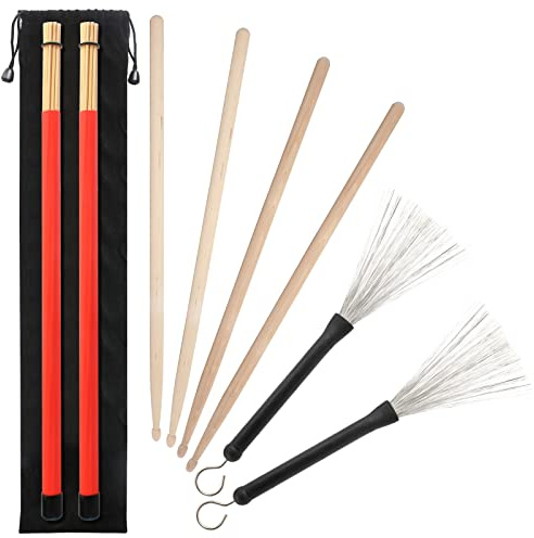 5A Baquetas 2 Pares de Tambor de Arce Clásico de Con Cepillo de Tambor de Alambre Retráctil y Paquetes de Palos de Palillo de Ta mbor de Accesorios de Bolsa Impermeable