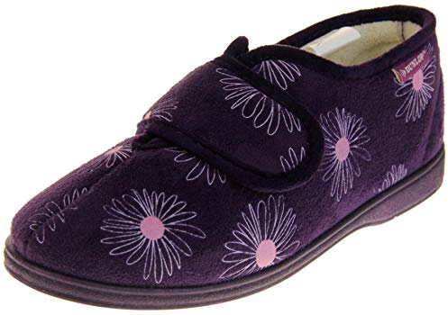 Dunlop Womens Faux Suede Hook and Loop Slippers Ladies Fleece Lined House Slipper Purple UK 6