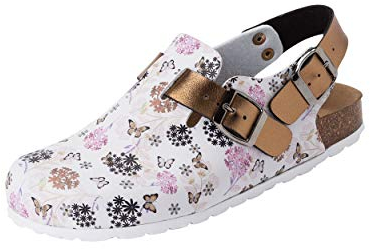 CLINIC DRESS Clog - Clogs Damen bunt weiß Motiv. Schuhe für Krankenschwestern, Ärzte oder Pflegekräfte weiß/Kupfer/Rose, Blumen und Schmetterlinge, 39