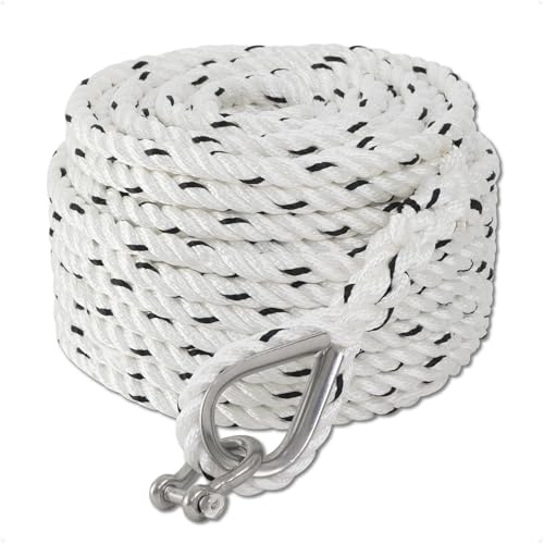 Five Oceans Anchor Line 5/8 x 200', Anchor Rope Line, Marine Premium 3-Strand White Nylon Boat Anchor Rope - Stainless Steel Thimble and Shackle, Ideal for Mooring Anchoring Towing - FO4488-C200