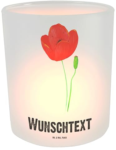 Mr. & Mrs. Panda Personalisiertes Windlicht Blume Mohnblume - Personalisierte Geschenke, Sommer Deko, Bedrucken, Teelicht mit Namen, Windlicht Glas