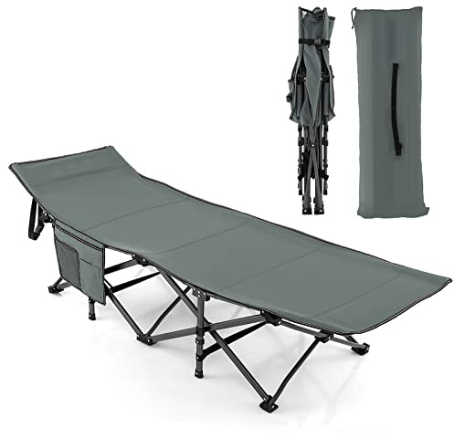COSTWAY Lit de Camp Pliable 1 Personne, Lit Camping Pliable 185 x 67 x 54 cm, Charge 272 kg, Appuie-tête, Tissu Oxford, Sac de Transport, Poche Latérale, Lit Pliant pour Camping Voyage Bureau (Gris)