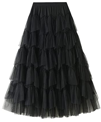 DeaAmyGline Jupe Portefeuille Femme - Mode Féminine Une Ligne Plissée Longue Tutu à Volants Maille Vintage Mollet Longueur en Mousseline de Soie Taille Haute Bulle Noire