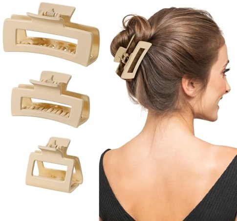 Shinowa 3 Piezas Pinzas de Pelo para Mujeres, Antideslizante Clip de Pelo de Plástico Resistente, Agarre Fuerte Clips para Cabello Accesorio para Cabello para Mujer, Niñas, Beige