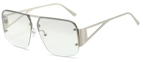 YUELUQU Retro Pilotenbrille Herren Damen Metall Halbrahmen Trendy übergroße quadratische Sonnenbrille (Silber/transparent)