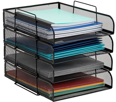 Mind Reader Stackable Paper Tray, Desktop Organizer, File Storage, Office, Metal Mesh, 10.5 L x 13.5 W x 11.25 H, 4 Pcs., Black