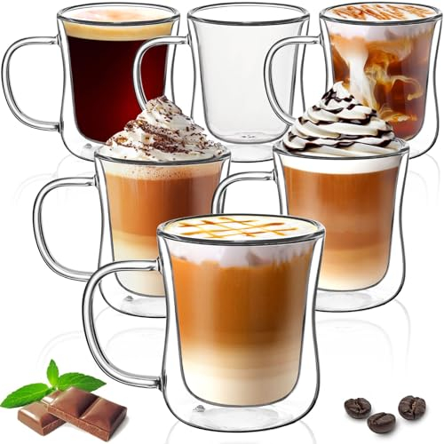 TKNO Set of 6 Double Walled Coffee Glasses Mugs Cappuccino Latte Macchiato Glasses Cups with Handle, Borosilicate Heat Resistant Glass Cups for Coffee Tea Milk Juice Ice Cream, Hot & Cold Drinks 350ml