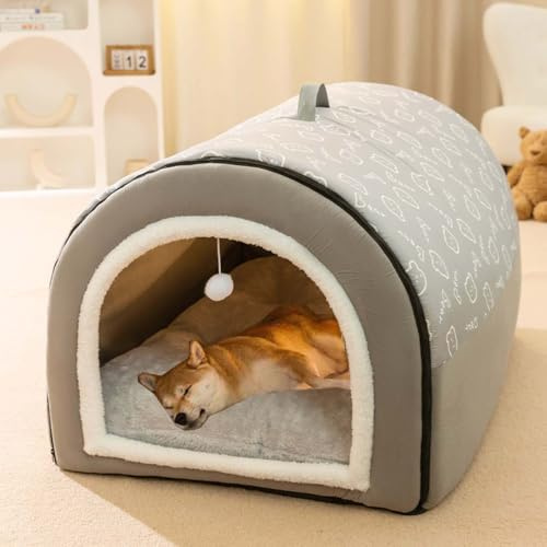 Monbaer Grande niche 2 en 1 avec coussin anti-anxiété, doux et chaud, pliable, apaisant, antidérapant, chaud et antidérapant, amovible et lavable (M : 50 x 40 x 35 cm, gris)
