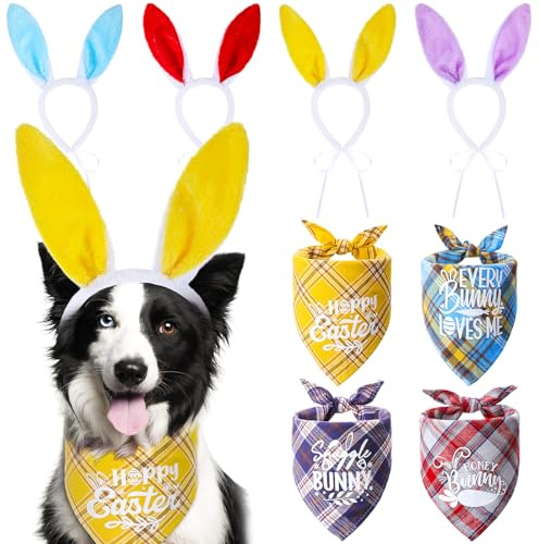 JaGely 8 Pcs Easter Dog Costume Include 4 Pcs Dog Bunny Ears 4 Pcs Cute Bandana for Easter Hunt Party Supplies Medium Large Cats Puppy Party Accessory