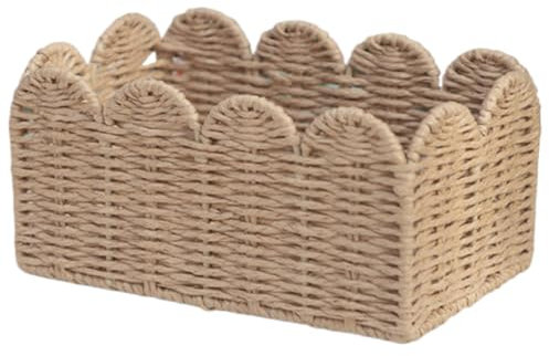 Small Woven Paper Rope Basket with Scalloped Edge for Organizing Towels, Toilet Paper, and Utensils