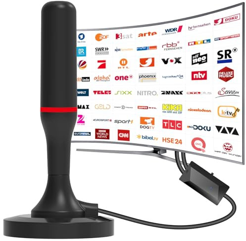Antenne TV DVB-T/DVB-T2 HD pour Smart TV avec amplificateur et base magnétique pour réception HD à 360°. Prend en charge 4K/1080P – Tous les téléviseurs DAB/UHF/VHF (câble de 3 m)