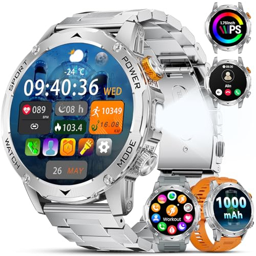 DREMAC Smartwatch Herren-1000mAh Akku/1.75'' HD Großes Display,Smartwatch mit Bluetooth Anrufe/130+ Sportmodi,IP68 Wasserdicht Fitnessuhr mit Herzfrequenz/Schlafmonitor,für Android iOS
