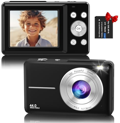 Digital Camera, 1080P FHD 44MP Compact Digital Camera, Vlogging Camera with 2.4 LCD Screen, 16X Digital Zoom, Anti-Shake, Rechargeable, Portable Photo Camera for Kids, Teens, Beginners