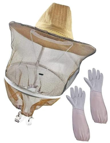 Mipcase Guantes de Apicultor de Piel de Cabra Resistentes y Sombrero Profesional Red, Protección para Apicultura en Ambientes de Trabajo Intensivo