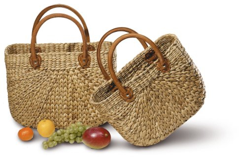 Neustanlo | Einkaufstasche Taluma klein | Einkaufskorb mit kurzem Henkel | aus Wasserhyazinthe | 39x16x26 cm | Echtlederhenkel