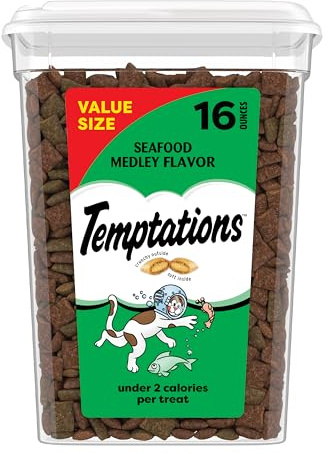 Temptations Cat Treats, Classic Crunchy and Soft Cat Treats, Seafood Medley Flavor, 16 oz. Tub
