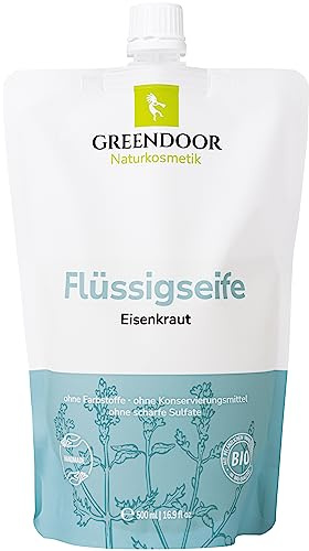 GREENDOOR Bio Flüssigseife zitroniges Eisenkraut 500ml Nachfüller, echte Olivenöl-Seife vegan ohne Palmöl Parabene, frische Natur-Seife Zitrone, natürliche flüssige Handseife
