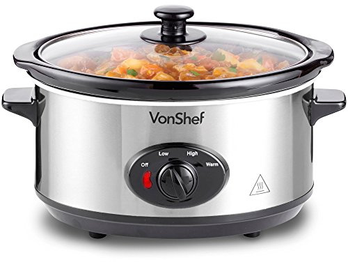 VonShef Pentola per Cottura Lenta in acciaio inox da 3,5L con contenitore rimovibile da usare come piatto di portata e coperchio in vetro temperato