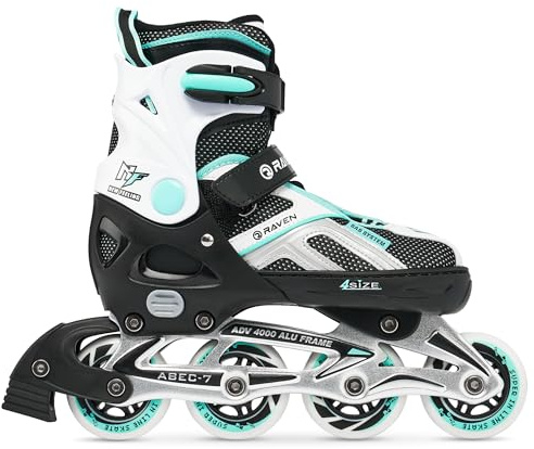 Raven Pulse Inline Skates Inliner für Kinder und Erwachsene OPTIONAL 2in1 mit Schlittschuhen verstellbar (Black/Mint ohne Kufen, 33-36 (20-22,5cm))