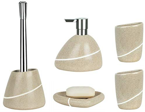 Spirella Etna - Set di 5 accessori da bagno in ceramica, con dispenser per sapone liquido, scopino per WC, portasapone, contenitore e bicchiere porta spazzolini, colore: beige pietra
