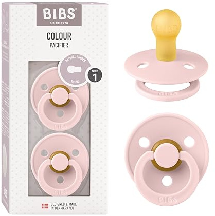 BIBS Colour Soother 2-Pack, BPA Free Dummy Pacifier, Round Nipple. Natural Rubber Latex, Made in Denmark, Size 1 (0-6 Months), Blossom