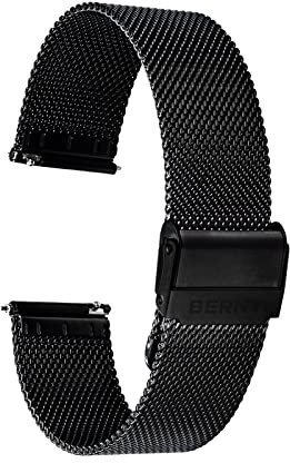 BERNY Uhrenarmband Aus Edelstahl Für Damen Und Herren Mit Schnellverschluss Verstellbar Dünnes Metallarmband Mit Sicherheitsverschluss Schwarz Silber 18 mm 20 mm 22…