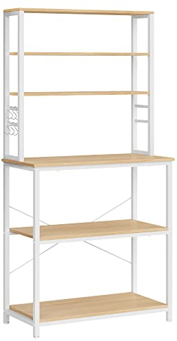 VASAGLE Scaffale da Cucina, Supporto per Forno a Microonde, Portaoggetti a 6 Ripiani con 6 Ganci per Bar, Struttura in Acciaio, Industriale, 40 x 80 x 167 cm, Colore Rovere e Bianco KKS019W09