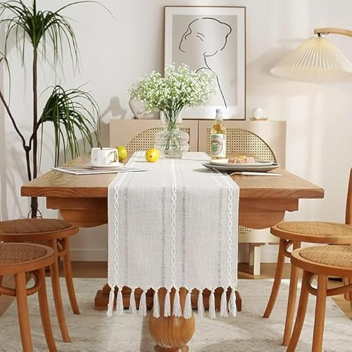 Wracra Cotton Linen Beige Table Runner, Modern Rustic Table Runners | 33 × 150 cm, Boho Table Runner, Washable, Embroidered Hollow, Heat-Resistant, Thick and Sturdy, Dining Room, Home Decor