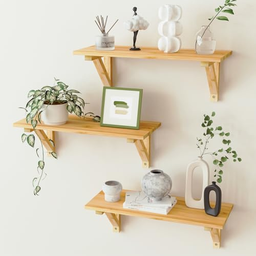 Ruichang Wandregal Holz 3er Set Küchenregal Hängend Bücherregal Wand Hängeregal Regalbrett Wall Schweberegal für Kinderzimmer, Wohnzimmer, Küche