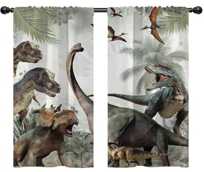 EOVDSFW Dinosaur Kitchen Window Curtains Rod Pocket Small Short Cafe Jurassic Dino for Boys Kids Animals Nature Wild Forest Cute Drapes Room Drapes 2 Panels for Living Bedroom Home Decor 27.5X39 inch