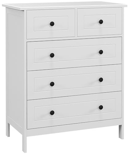 HOMCOM Cajonera de Dormitorio Cómoda Blanca de 5 Cajones con Manijas Cajonera Alta para Salón Oficina Estudio Estilo Moderno 74x40x91 cm