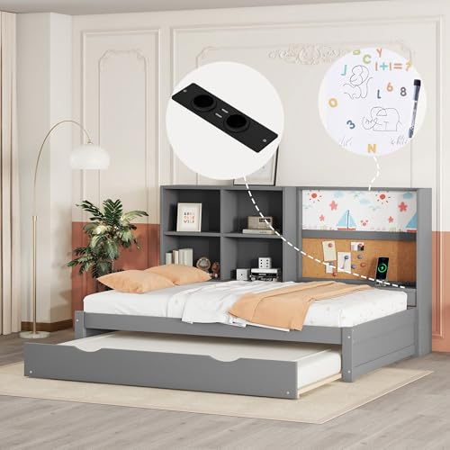 Idemon Sofá cama de 90 x 200 cm con cama extraíble, puerto de carga USB, mesa de dibujo, varios estantes, para niños y adultos, color gris, WX000810