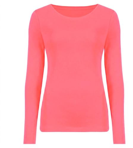 Hamishkane Ladies Long Sleeve Round Neck Plain Casual Basic Stretchy Fitted Womens T-Shirt Top Neon Pink