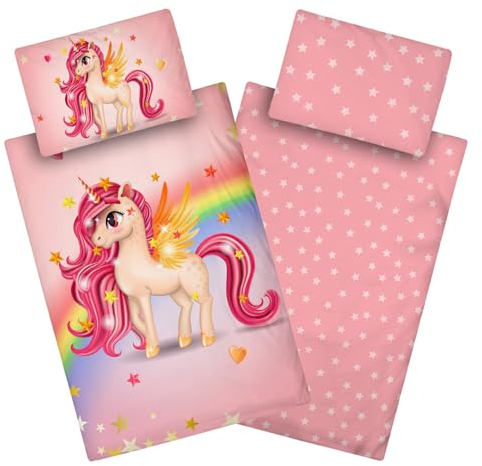 Aminata kids Bettwäsche Einhorn 100x135, 40x60 cm Mädchen Baumwolle rosa mit YKK Reißverschluss - Kinderbettwäsche mit Regenbogen und Sternen, pink rosa - Babybettwäsche Einhorn-Motiv, Pferde