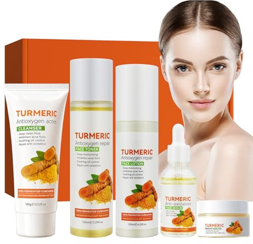HASAIKA® Kit per la Cura della Pelle, Set per la cura del viso alla curcuma, prodotti per l'idratazione, l'idratazione e l'affinamento dei pori per tutti i tipi di pelle, 5 set